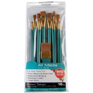 15pc Long Handle, Brown Taklon All Media Paint Brush Set